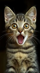 A cat with its mouth open and eyes wide open. The cat is looking at the camera and he is surprised or excited