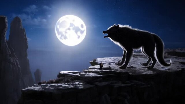 A werewolf howling on a rocky cliff under a full moon, silhouetted by the night sky.