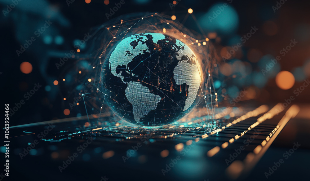 Aufkleber abstract digital earth globe on a laptop keyboard with a global network connection technology concep