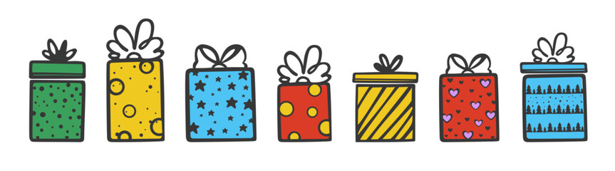 Christmas Gift box set vector illustration. Holiday greeting, birthday or xmas present boxes vector symbols illustrations set. 