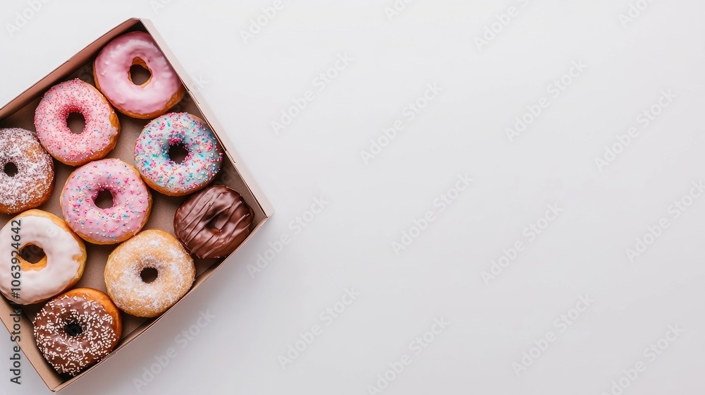Poster a delightful assortment of colorful doughnuts arranged in an open box, showcasing unique flavors and