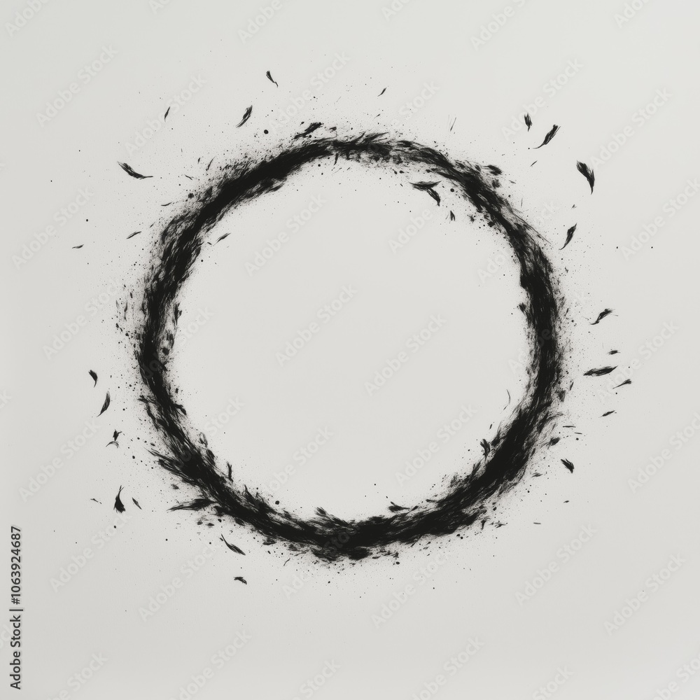 Poster abstract circular ink design with dynamic brush strokes and flying particles
