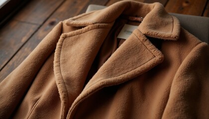 Fototapeta premium Camel coat displayed on wooden surface with natural light and copy space