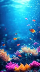 Naklejka premium A colorful underwater scene with a variety of fish swimming around coral. The fish are orange and blue, and the coral is pink and purple. The scene is lively and vibrant, with the fish darting in