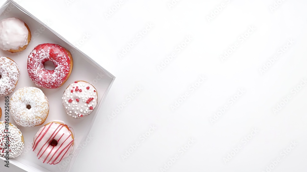 Poster a delightful assortment of colorful doughnuts arranged in an open box on a white background illumina