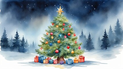 Obraz premium Festive watercolor Christmas card featuring a decorated tree with gifts in a winter landscape
