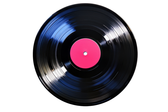 Classic black vinyl record with a pink label, isolated on a transparent background. capturing the essence of vintage music and nostalgia. - Powered by Adobe