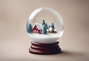 Snow globe with a Christmas tree and a small house inside on a snowy background with snowflakes.