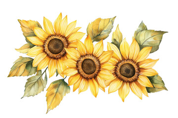 Naklejka premium Vibrant watercolor sunflowers with lush green leaves, perfect for summer and nature-themed designs. Ideal for art projects and decor.