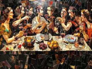 Guests joyfully celebrate wedding Cana Jesus surrounded wine colorful decorations and warm evening atmosphere filled vibrant textures and lively expressions.