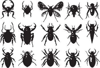 set of silhouettes of insects on white background