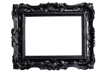 Ornate black picture frame with intricate details. Ideal for showcasing artwork or photographs. Classic and elegant design for any decor.