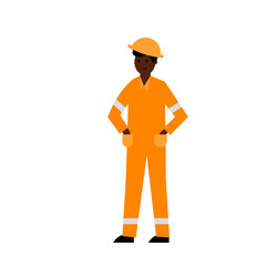 A dark-skinned worker in an orange uniform. Vector simple color flat illustration.