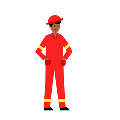 A dark-skinned worker in a red uniform. Vector simple color flat illustration.