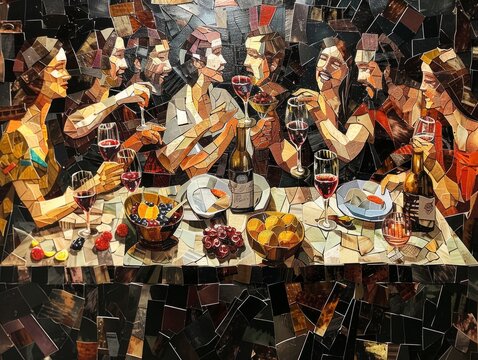 Guests joyfully celebrate wedding Cana Jesus surrounded wine colorful decorations and warm evening atmosphere filled vibrant textures and lively expressions.