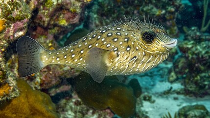 Obraz premium A spotted pufferfish swims near a coral reef in clear blue water.