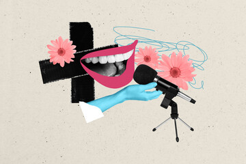 Composite photo collage of faceless mouth smile sing mic performance journalist bloom flower loud...