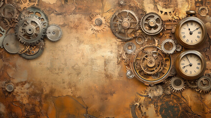 Naklejka premium Steampunk background with gears and vintage clocks on rustic metallic surface