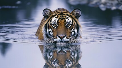 Fototapeta premium A tiger swims in a river, its reflection visible in the water.