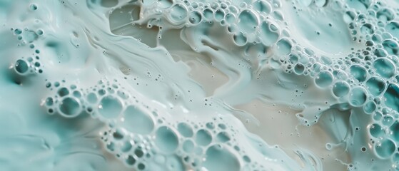 Naklejka premium Abstract white and turquoise bubbles create a marbled effect, emphasizing texture and flow.