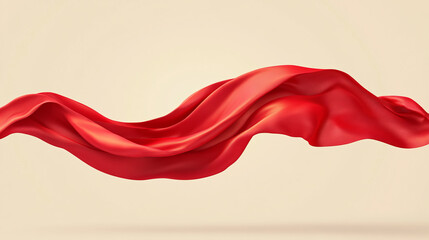 A flowing red silk fabric or flag gracefully draped, set against a beige background. The smooth, elegant red satin creates a luxurious feel, reminiscent of a grand opening ceremony. 