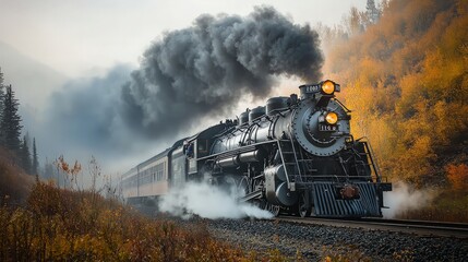 Fototapeta premium A vintage steam locomotive chugs through the forest, billowing smoke, on a crisp autumn day.