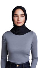 Fototapeta premium Woman wearing a black hijab and gray turtleneck, with a calm and confident expression on a transparent background, suitable for cultural diversity and modern fashion themes.