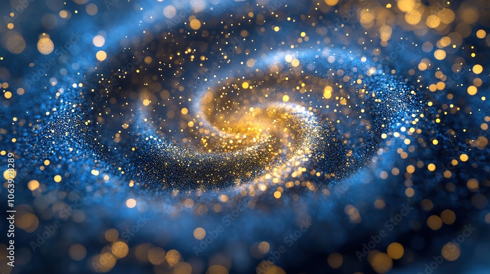 Poster blue and gold particle vortex with dynamic swirl and wind blowing effect in motion for artistic back