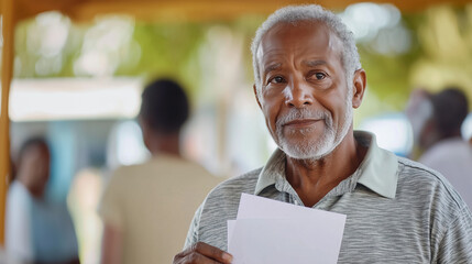 Obraz premium Elderly Man Voting at Polling Station with Ballot Paper