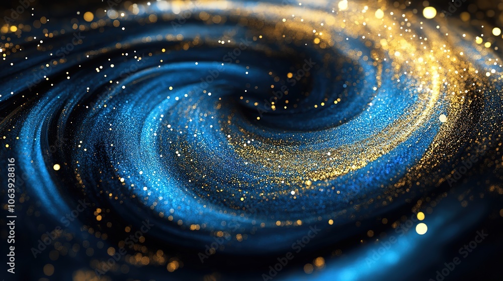 Poster blue and gold particle vortex with dynamic swirl and wind blowing effect in motion for artistic back