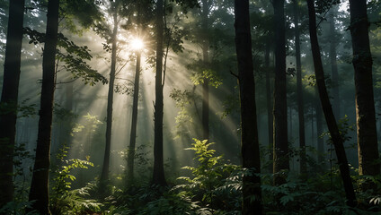 Obraz premium Sunlight streams through a misty forest, tall trees surrounding a bright spot of light.