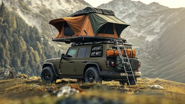 
Adventure car with rooftop tent setup, depicting a rugged vehicle with a foldable rooftop tent and gear storage, 
