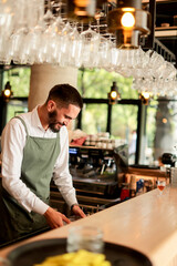 Cheerful bartender prepares cocktails in a stylish urban bar filled with natural light and modern decor during the afternoon rush