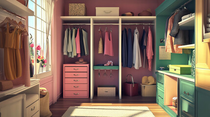 A contemporary dressing room featuring sleek wardrobes filled with stylish clothes, neatly arranged boxes, and fashionable accessories. The modern design emphasizes organization and elegance