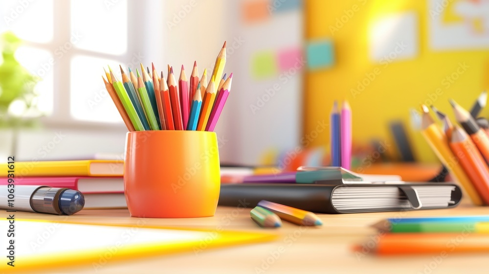 Poster a vibrant array of pencils and highlighters scattered across a study desk, ready for use.