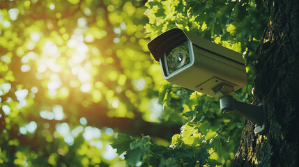 A camera is mounted on a tree branch