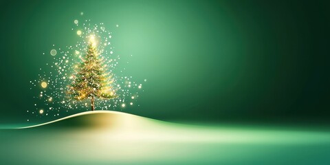 A vibrant green background featuring a Christmas tree silhouette, illuminated with sparkling lights.