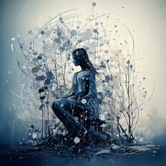 Mulher sentada envolta em formas abstratas e natureza