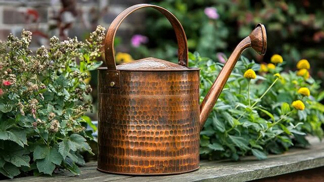 A copper watering can with a rustic design, ideal for adding charm to traditional or vintage garden settings, 