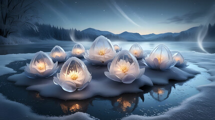Frozen ice flowers on lake