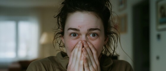 A woman with surprise on her face, hands covering her mouth, conveying genuine emotion in a warm, softly-lit setting.