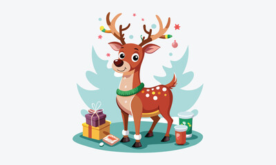 Fototapeta premium Christmas Day, Reindeer Repair Ointment vector white background illustration Generative Ai
