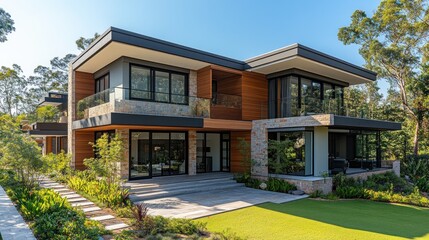 Modern house design featuring sleek lines, large windows, and landscaped surroundings.