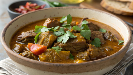 A close-up view of tender curry goat in a thick sauce garnished with fresh herbs, perfect for a savory meal. Generative AI