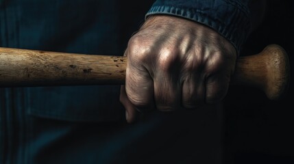 Man's adult hand holding a wooden baseball bat. Close-up. The concept of violence.