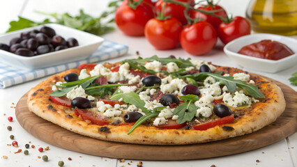 Delicious Greek pizza topped with feta cheese, olives, tomatoes, and arugula on a wooden board in a sunny kitchen setting. Generative AI