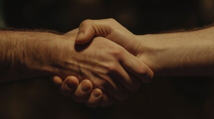 Male handshake on a dark background. Close-up.