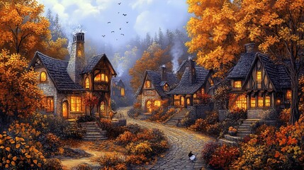 A serene autumn village scene depicts cozy, stone cottages with illuminated windows lining a winding cobblestone path. The surrounding landscape is alive with vibrant hues of orange, red, and yellow f
