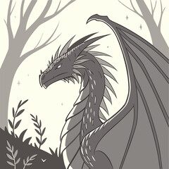 A majestic black dragon with a fierce expression, its wings spread wide. The detailed scales and intricate patterns add to its imposing presence.