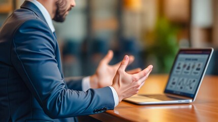 Business Presentation , A man in a suit presents information on his laptop during a business meeting. The laptop screen displays various icons and text, suggesting a collaborative project discussion.